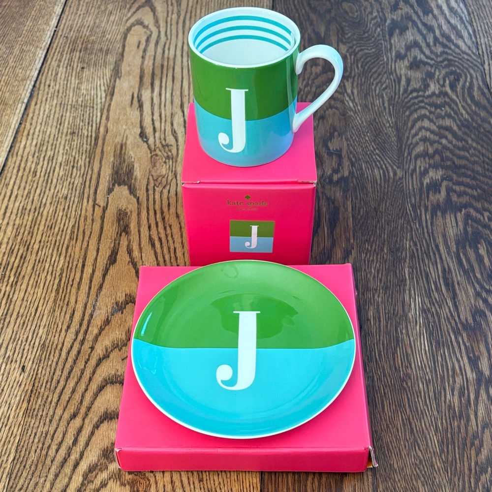 NWT Lenox X Kate Spade Green and Blue Initial Mug and Plate